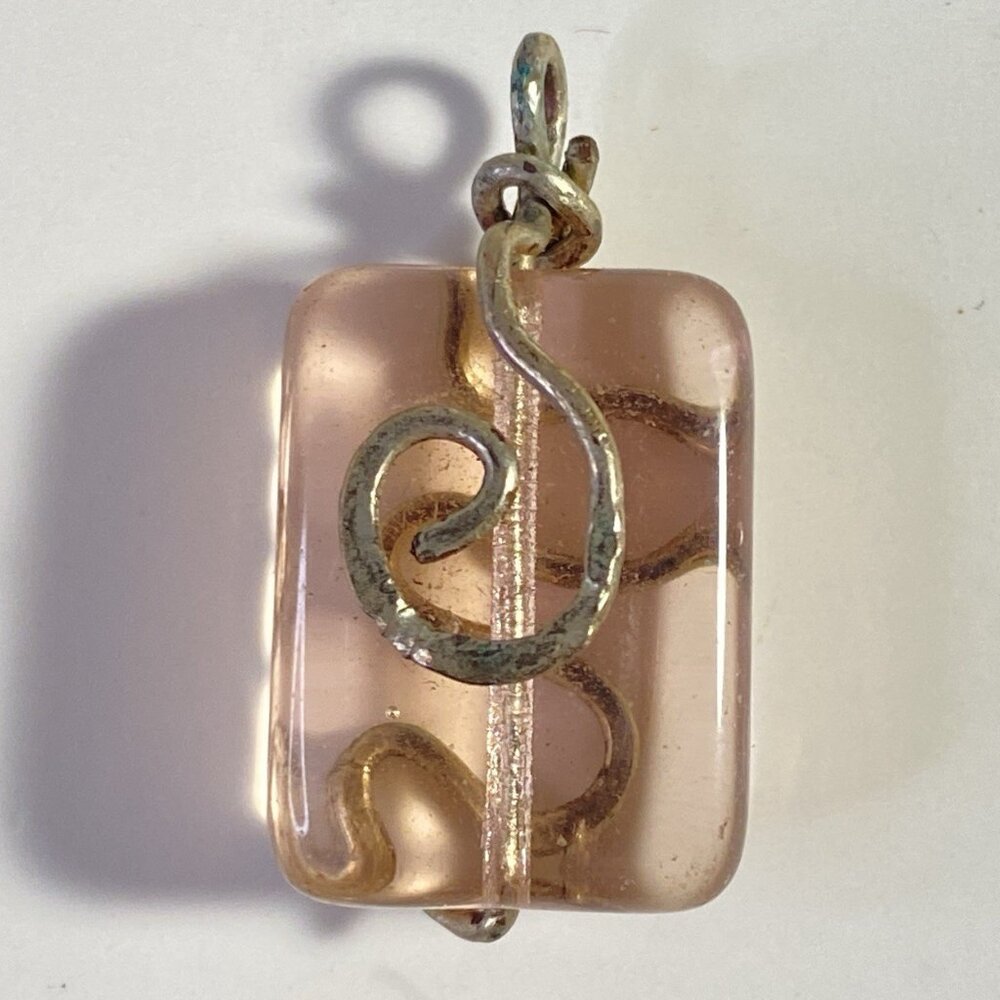 Vintage Pink Glass Pendant with Swirl Wire Design